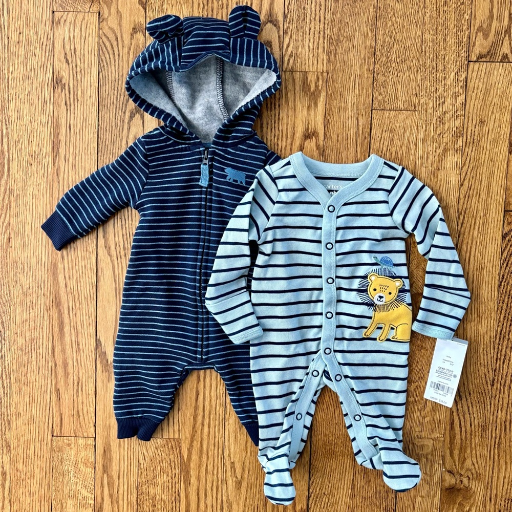 Carters Bear Hooded Zip Romper & Lion Stripe Snap Sleep & Play Pajamas- Blue, NB